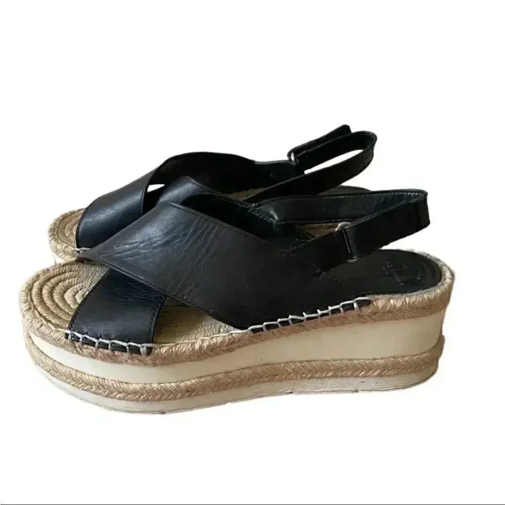 Marc Fisher Gandy Black Platform Wedge Espadrille Leather Sandals SZ 9M